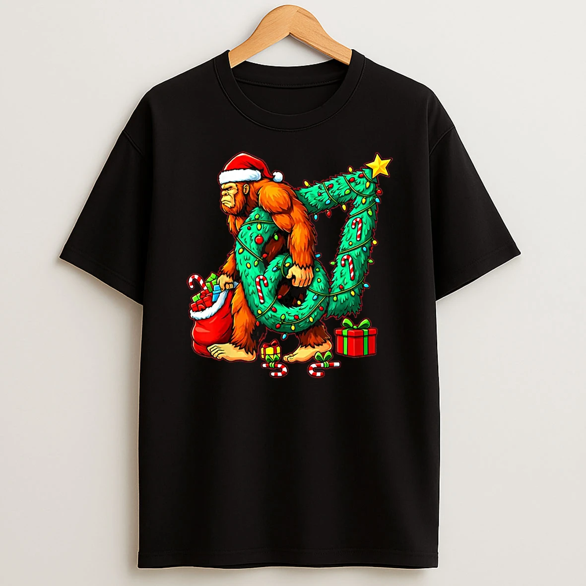 Santa Bigfoot 67 Christmas Tree Xmas Lights Funny Sasquatch Shirts