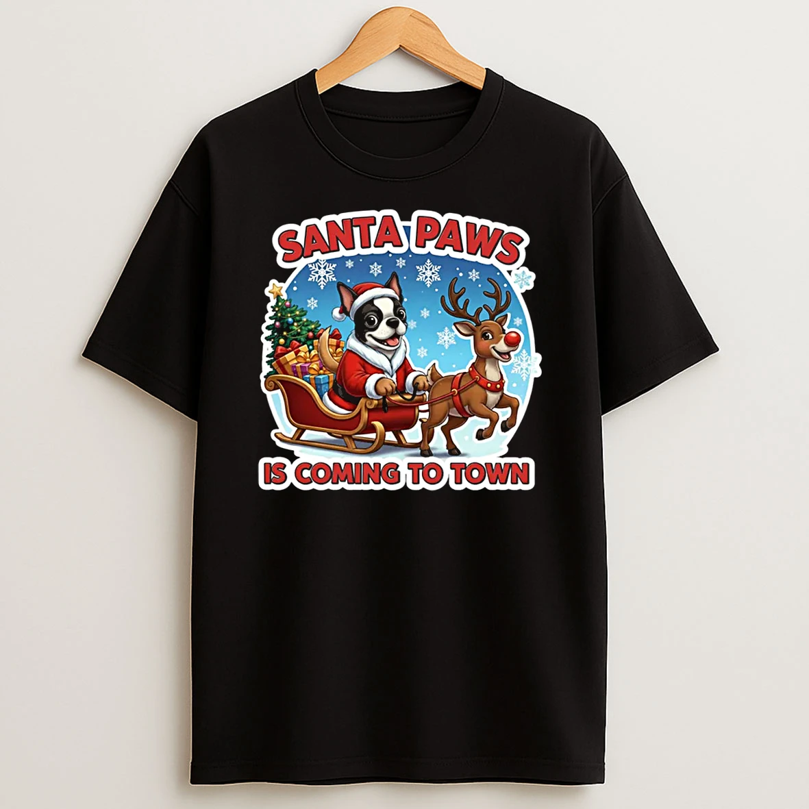Santa Paws Is Coming To Town Christmas Boston Terrier Dog Shirts