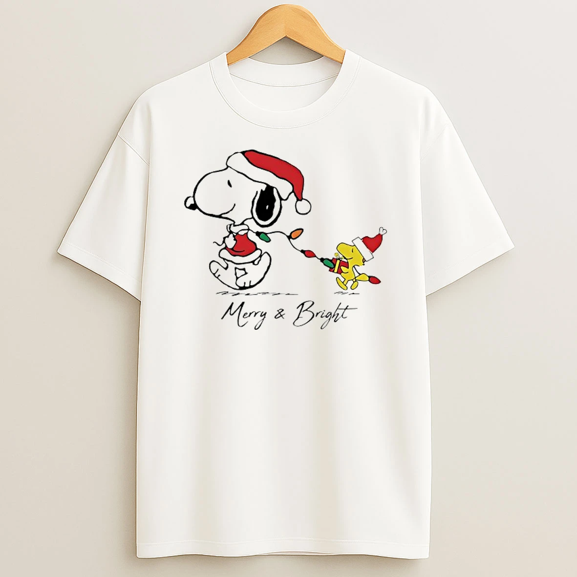 Santa Snoopy And Woodstock Merry And Bright Shirts