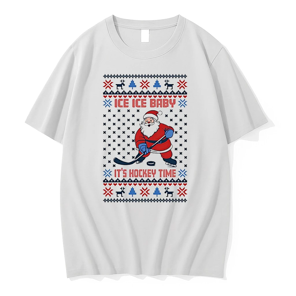 Santa Ice Ice Baby Its Hockey Time Ugly Christmas Shirts