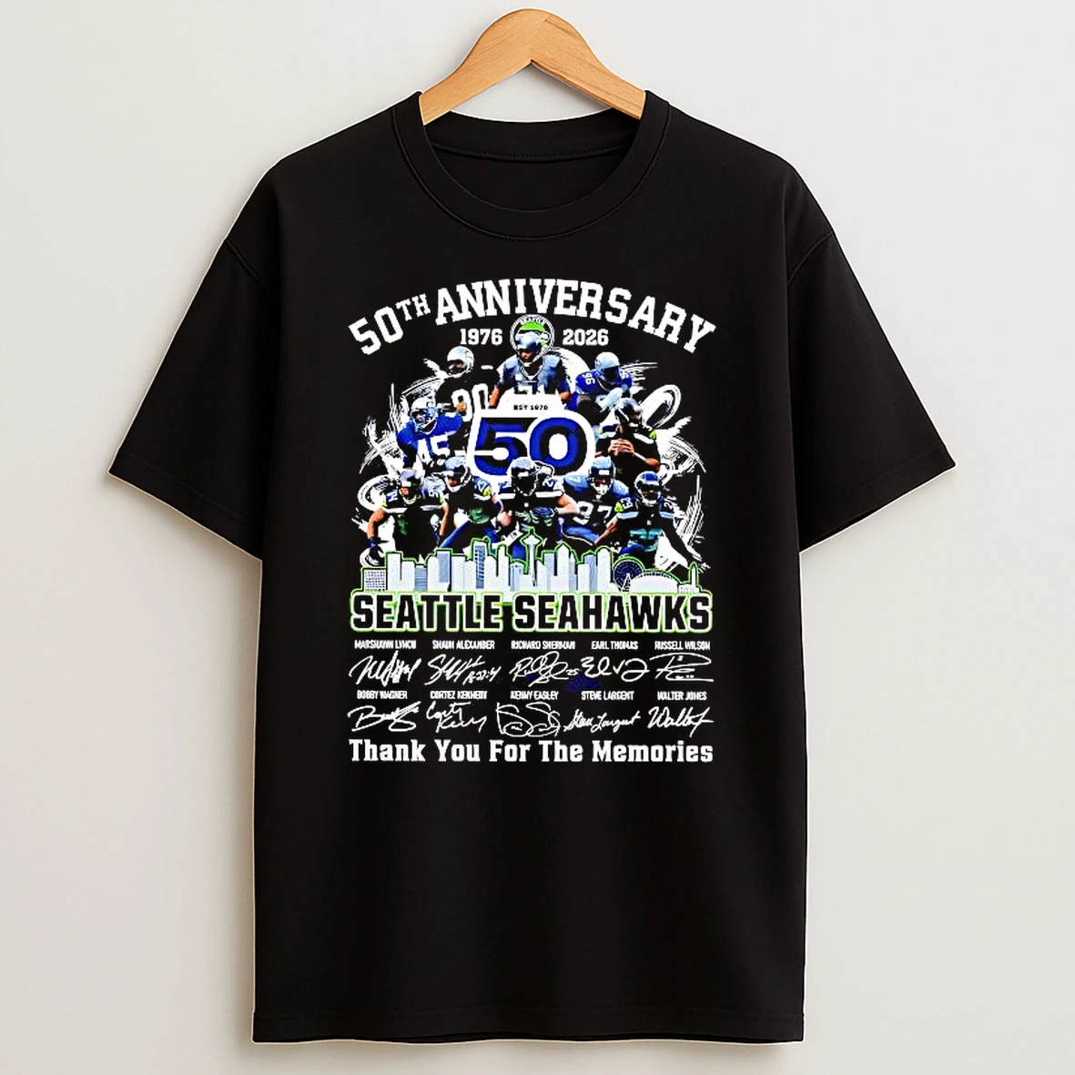 Seattle Seahawks 50th Anniversary 1976 2025 Thank You For The Memories Facsimile Signatures Shirts