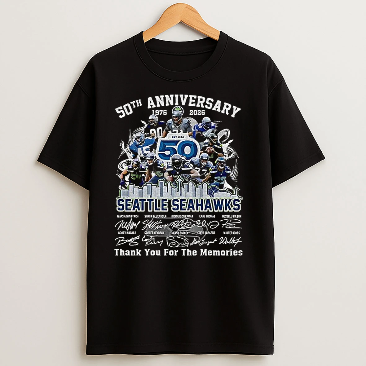 Seattle Seahawks 50th Anniversary 1976 2026 Thank You For The Memories Signatures T Shirts