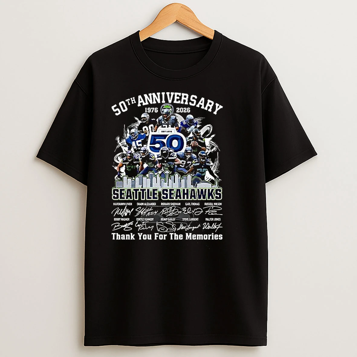 Seattle Seahawks 50th Anniversary Thank You For The Memories Players Signature T Shirts