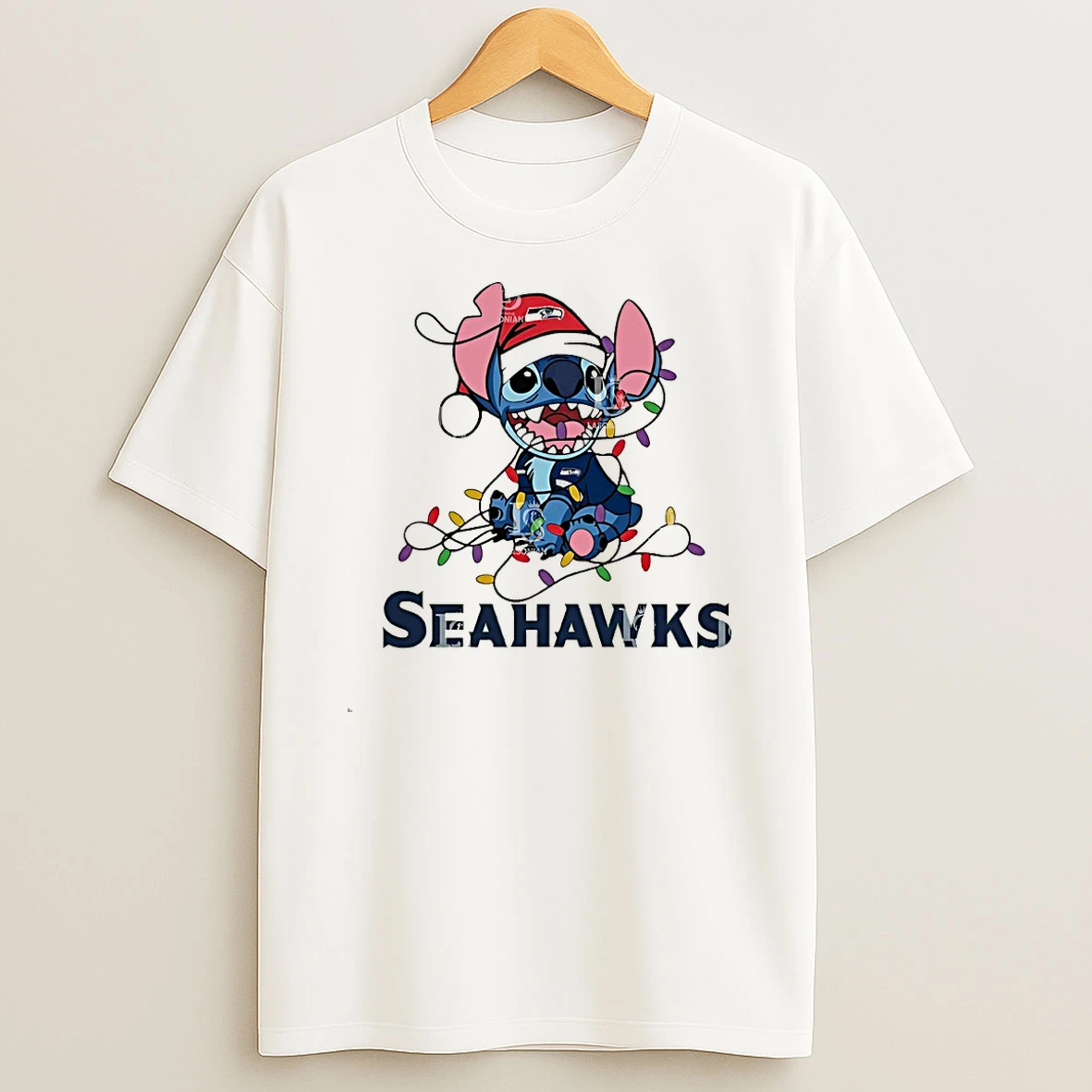 Seattle Seahawks With Stitch Christmas Lights Shirts
