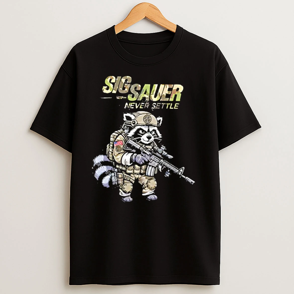 Sig Sauer Never Settle Raccoon Camo T Shirts