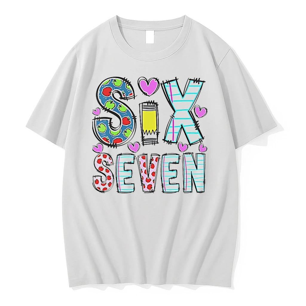 Six Seven School Doodle Style Apple Pencil Heart Teacher Shirts