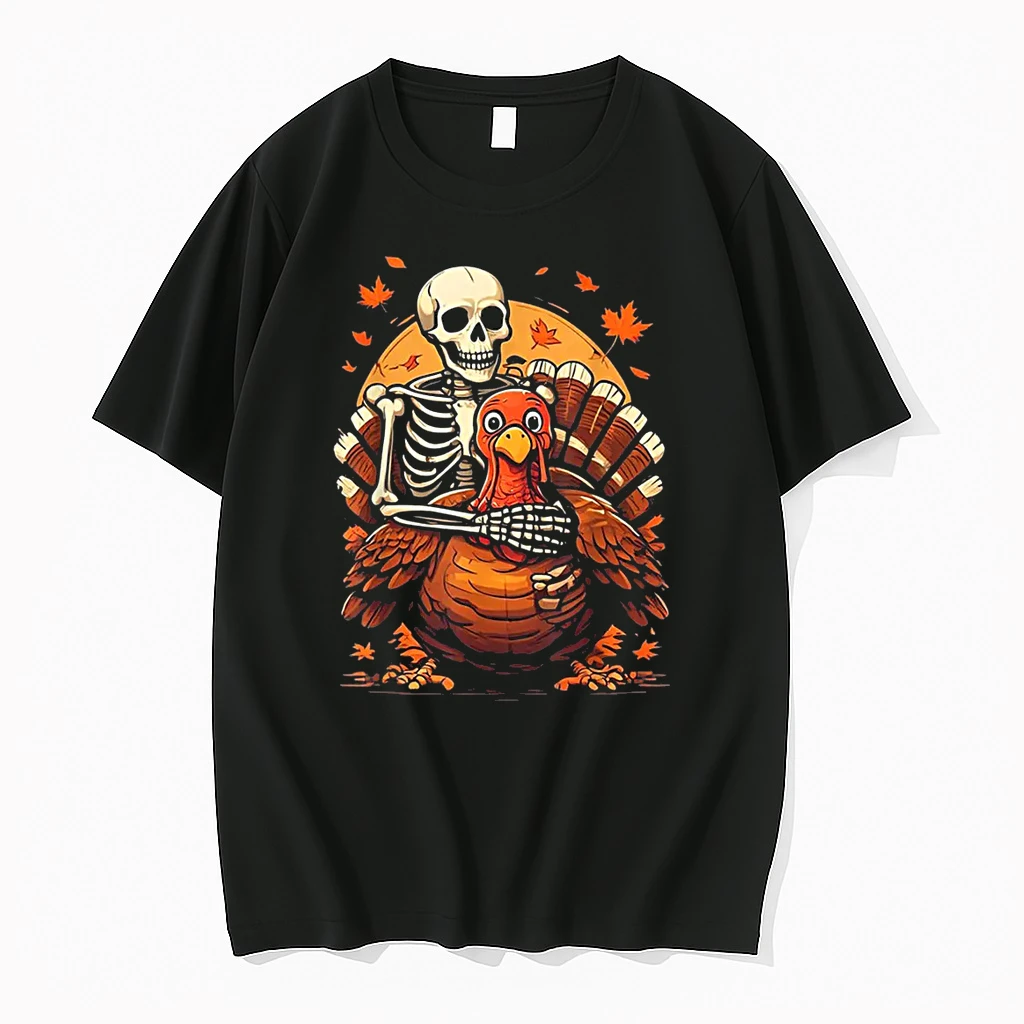 Skeleton Hugging Turkey Thanksgiving Day Fall Autumn Shirts