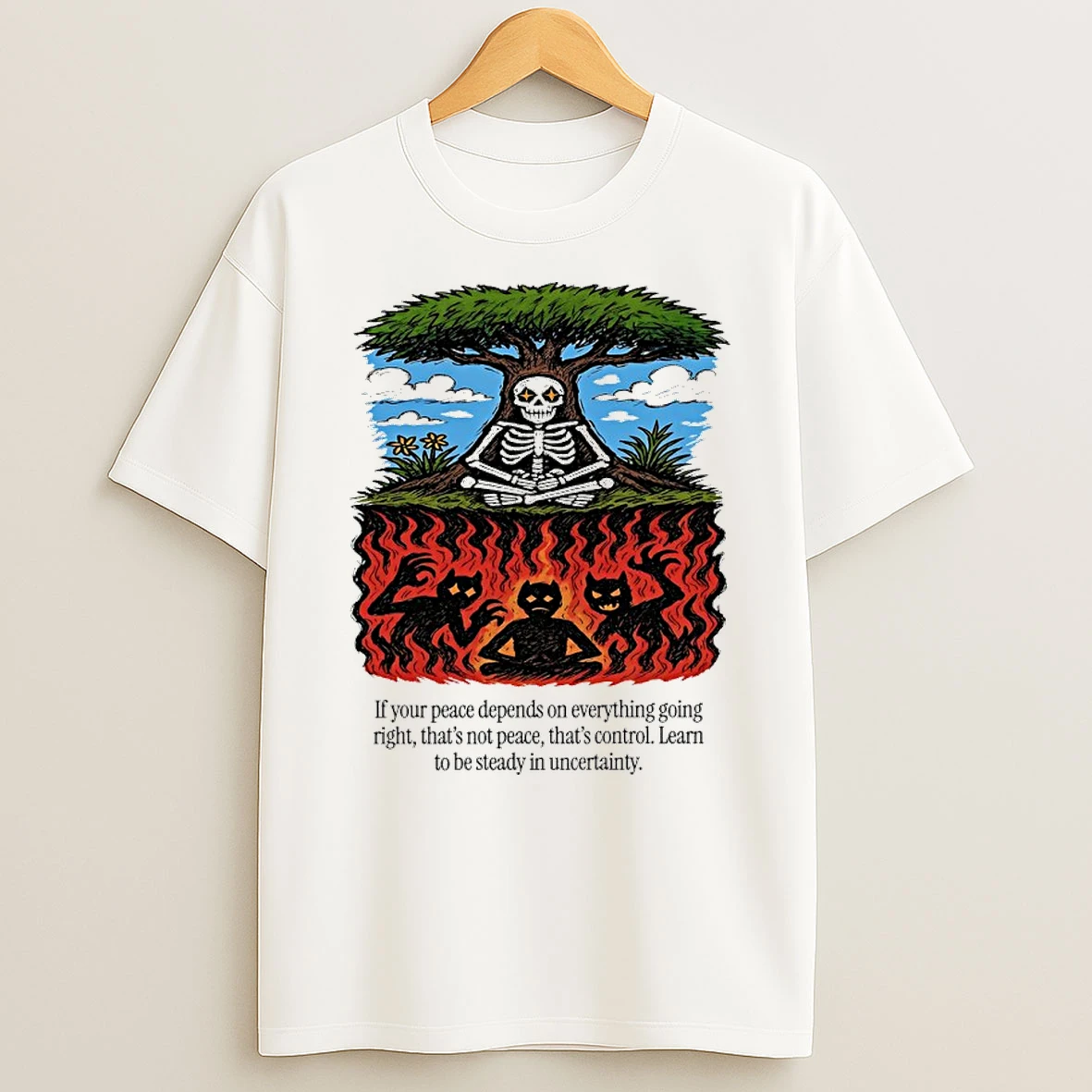Skeleton If Your Peace Depends On Everything Going Right Thats Not Peace Thats Control Learn To Be Steady In Uncertainty Shirts