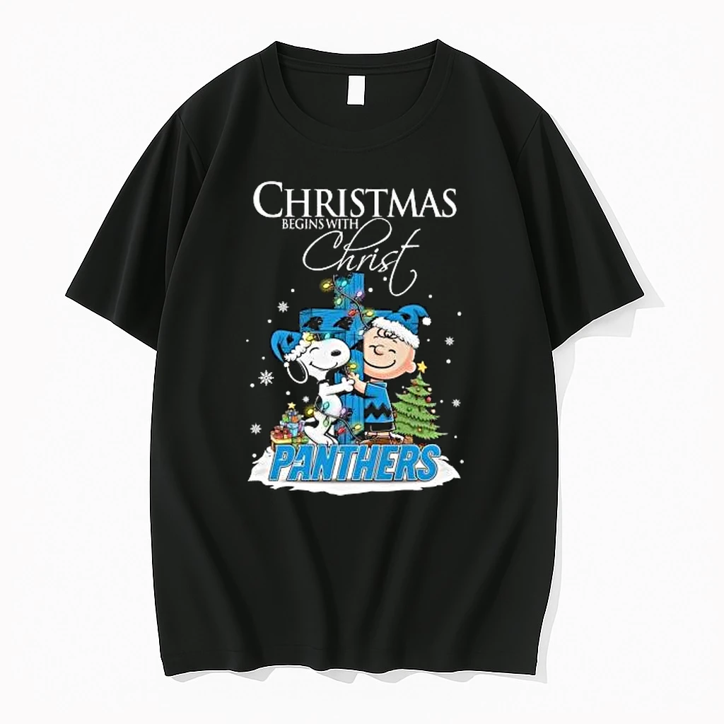 Snoopy And Charlie Brown X Carolina Panthers Christmas Begins With Christ 2025 Shirts