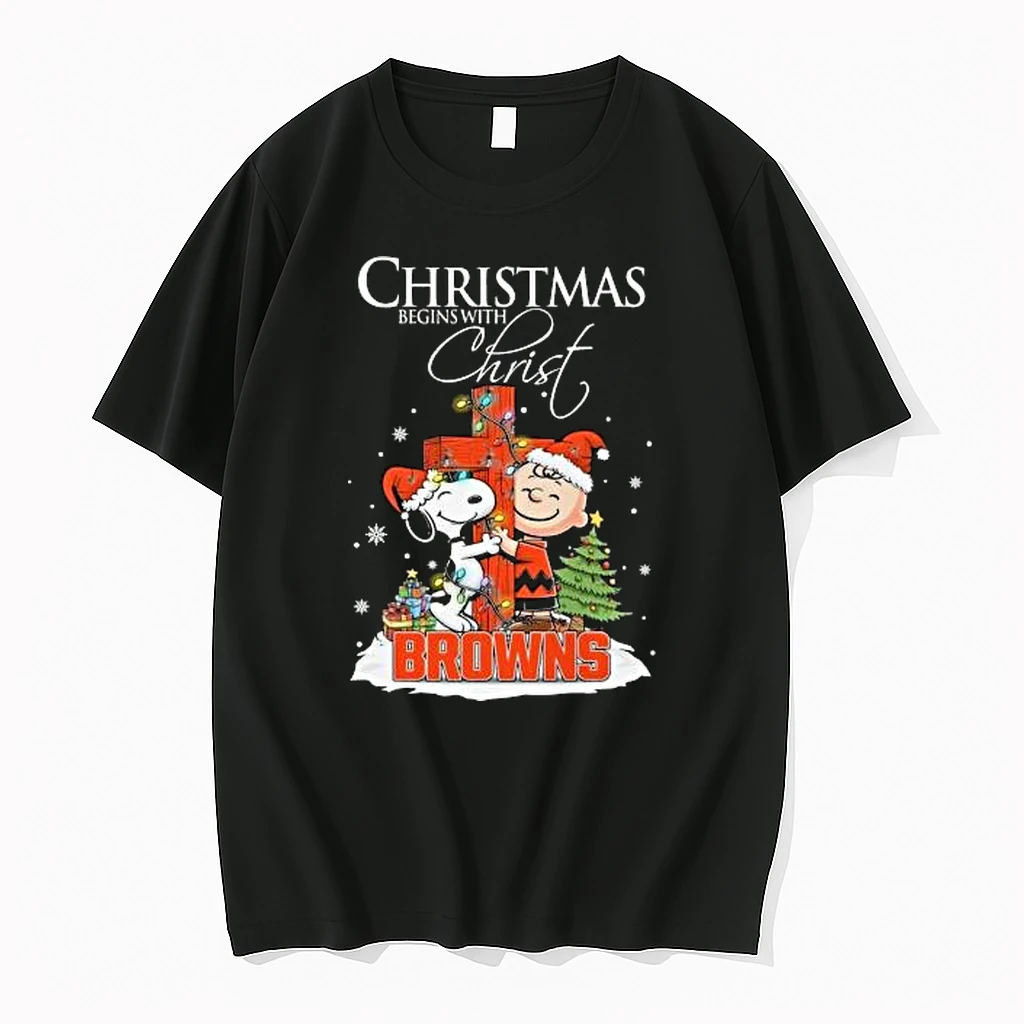 Snoopy And Charlie Brown X Cleveland Browns Christmas Begins With Christ 2025 Shirts