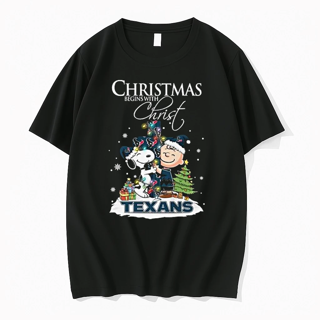 Snoopy And Charlie Brown X Houston Texans Christmas Begins With Christ 2025 Shirts