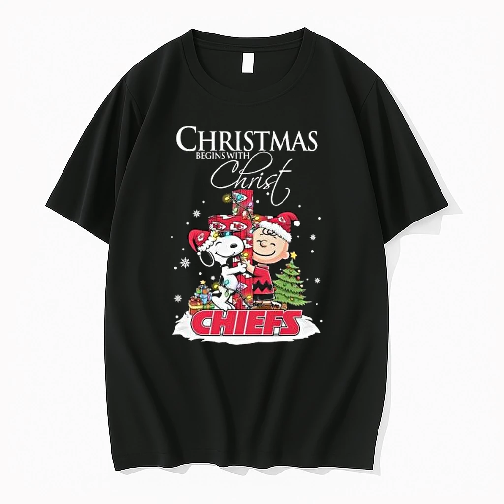 Snoopy And Charlie Brown X Kansas City Chiefs Christmas Begins With Christ 2025 Shirts