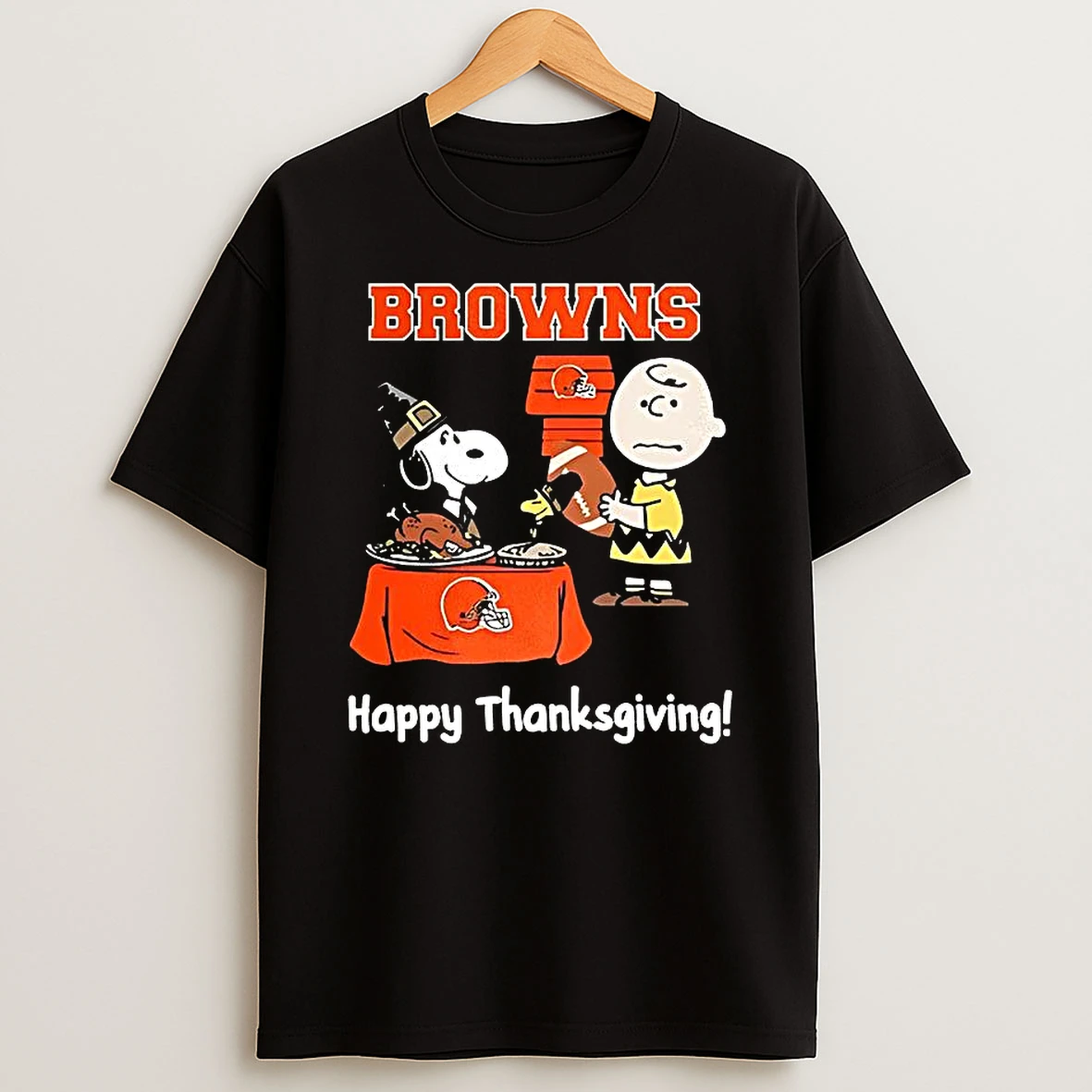 Snoopy And Charlie Brown X Cleveland Browns Football Happy Thanksgiving Shirts