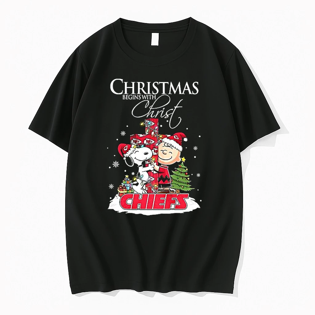Snoopy And Charlie Brown X Kansas City Chiefs Christmas Begins With Christ Cross Shirts