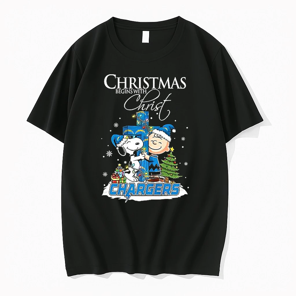 Snoopy And Charlie Brown X Los Angeles Chargers Christmas Begins With Christ Cross Shirts