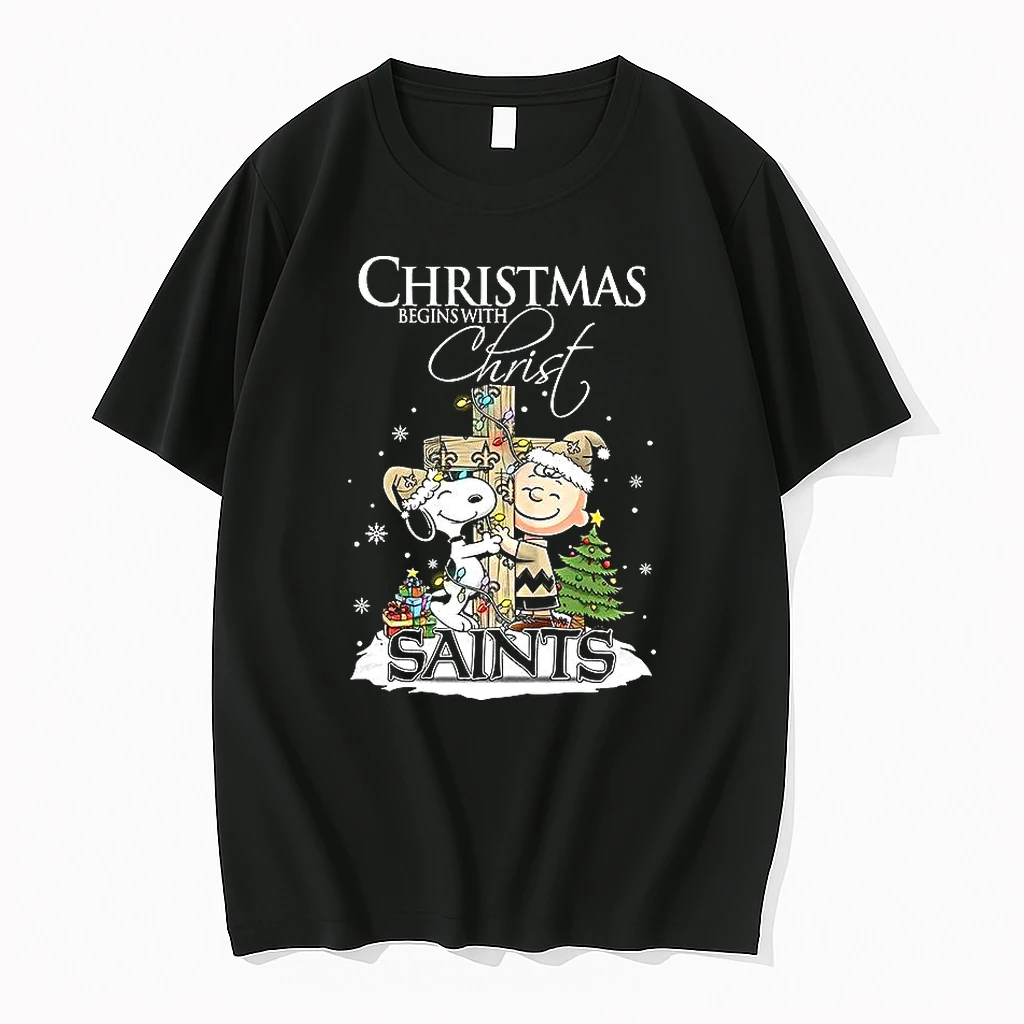 Snoopy And Charlie Brown X New Orleans Saints Christmas Begins With Christ Cross Shirts