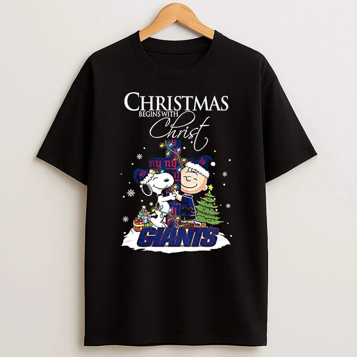 Snoopy And Charlie Brown X New York Giants Christmas Begins With Christ Cross Shirts
