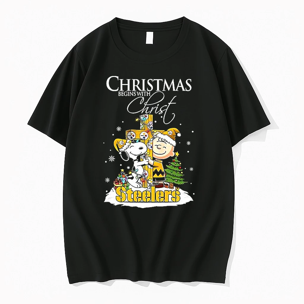 Snoopy And Charlie Brown X Pittsburgh Steelers Christmas Begins With Christ Cross Shirts