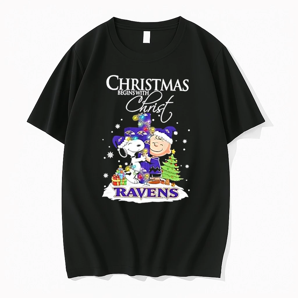 Snoopy And Charlie Brown X Baltimore Ravens Christmas Begins With Christ Shirts