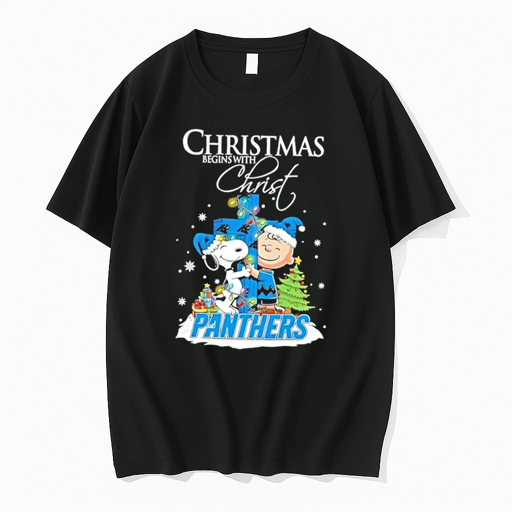 Snoopy And Charlie Brown X Carolina Panthers Christmas Begins With Christ Shirts