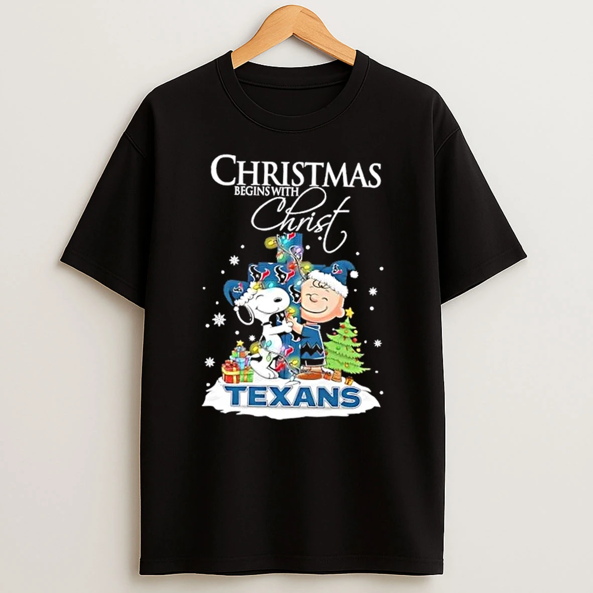 Snoopy And Charlie Brown X Houston Texans Christmas Begins With Christ Shirts