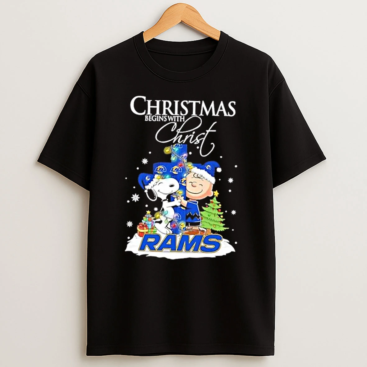 Snoopy And Charlie Brown X Los Angeles Rams Christmas Begins With Christ Shirts