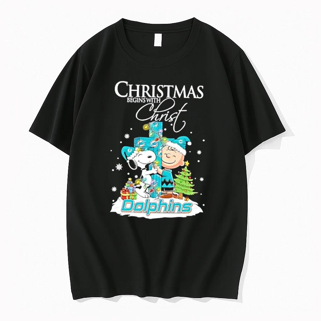 Snoopy And Charlie Brown X Miami Dolphins Christmas Begins With Christ Shirts