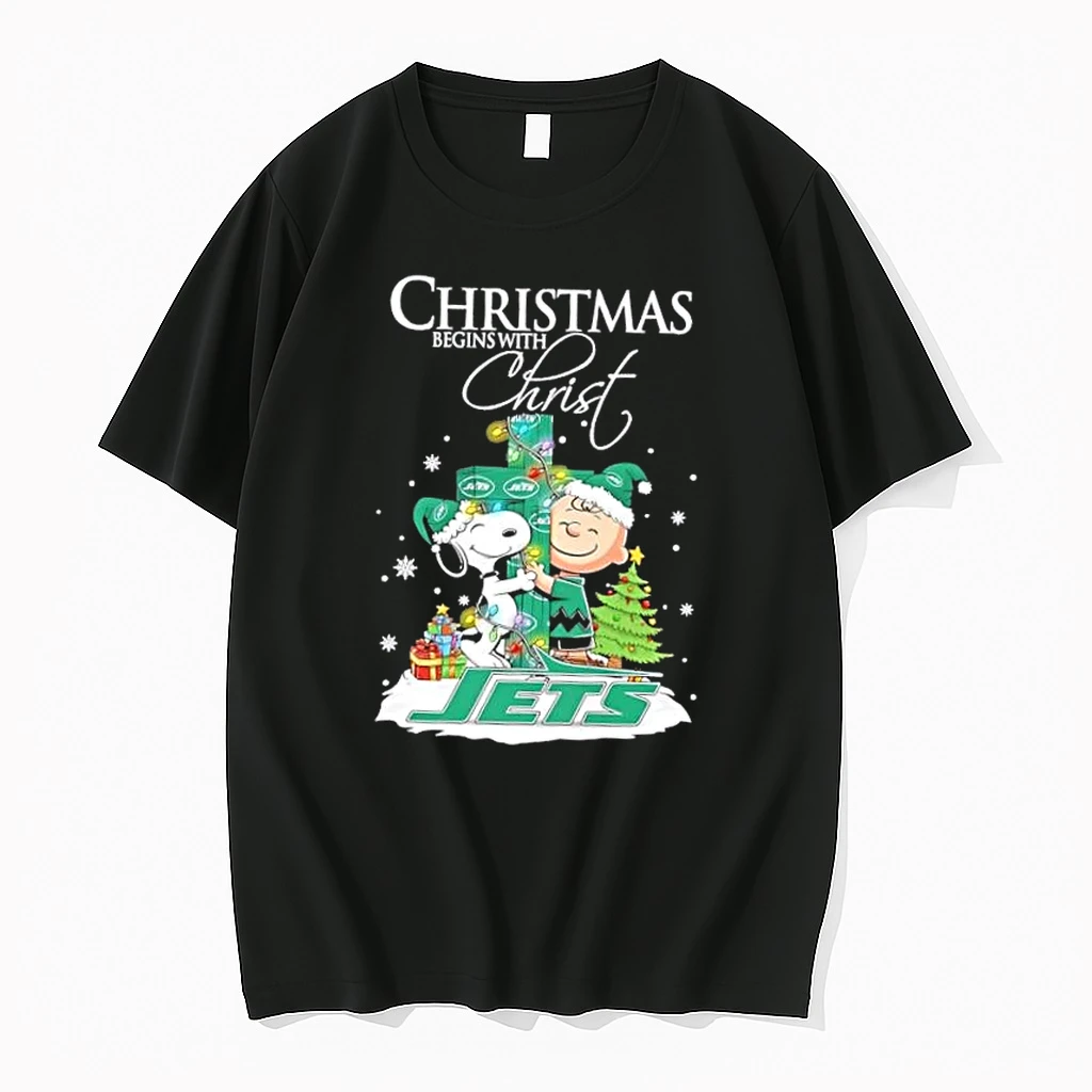 Snoopy And Charlie Brown X New York Jets Christmas Begins With Christ Shirts