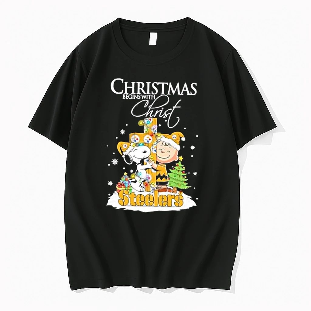 Snoopy And Charlie Brown X Pittsburgh Steelers Christmas Begins With Christ Shirts