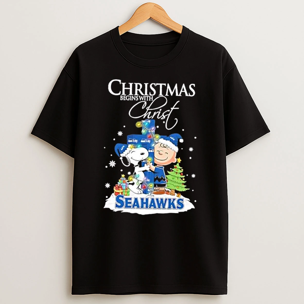 Snoopy And Charlie Brown X Seattle Seahawks Christmas Begins With Christ Shirts