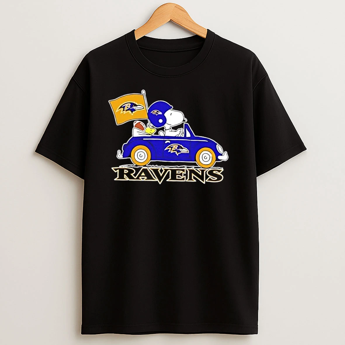 Snoopy And Woodstock Driving Car Baltimore Ravens Football T Shirts