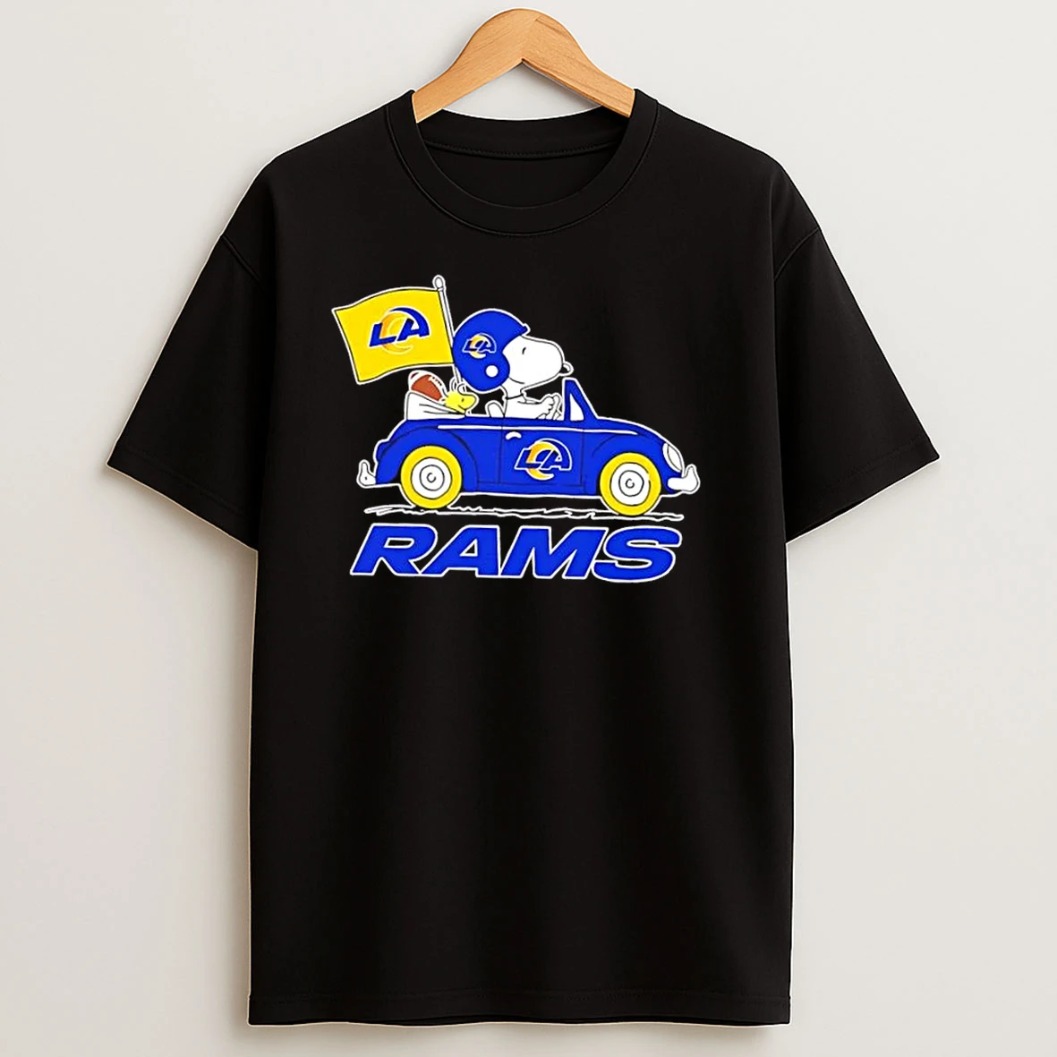 Snoopy And Woodstock Driving Car Los Angeles Rams Football T Shirts