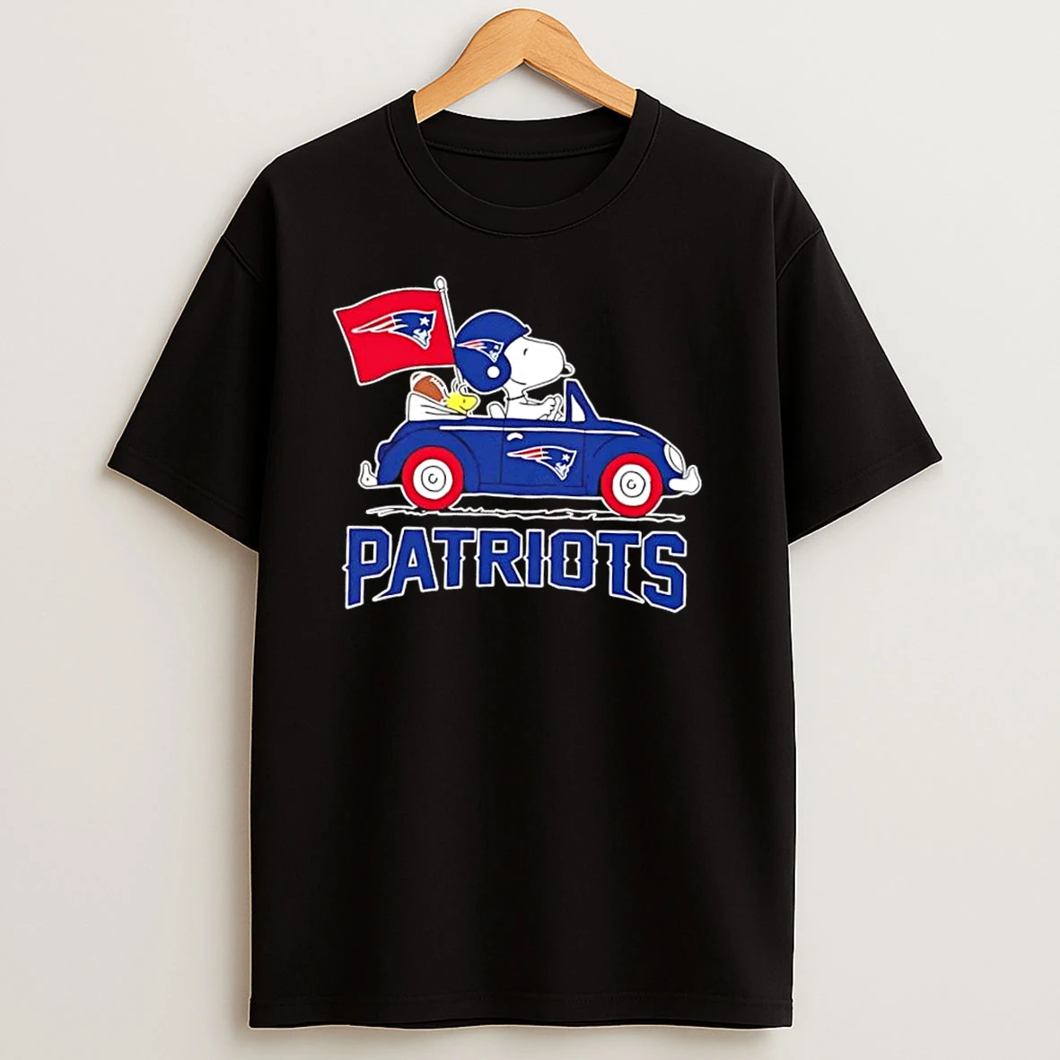 Snoopy And Woodstock Driving Car New England Patriot Football T Shirts