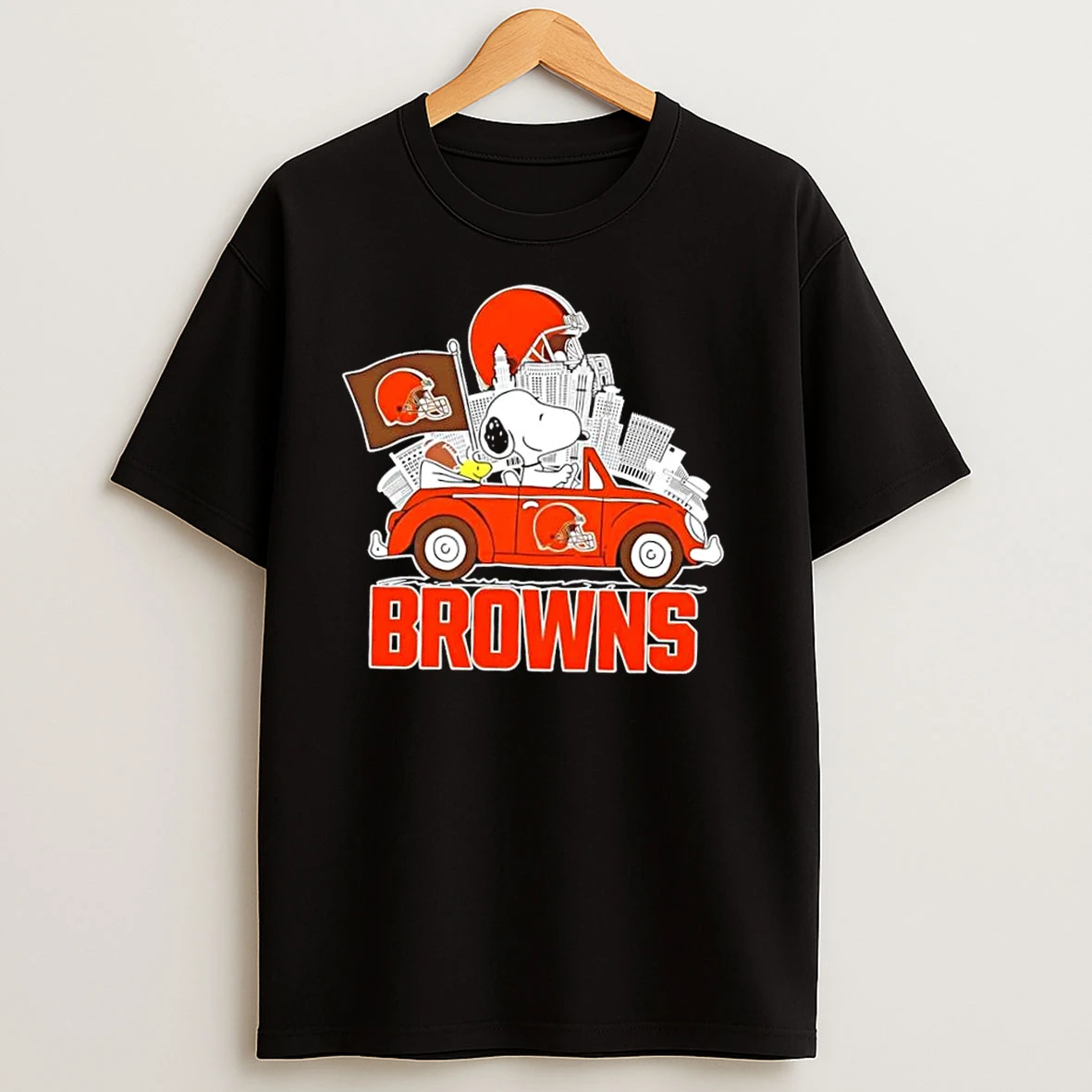Snoopy Driving Car Cleveland Browns Football City Skyline T Shirts