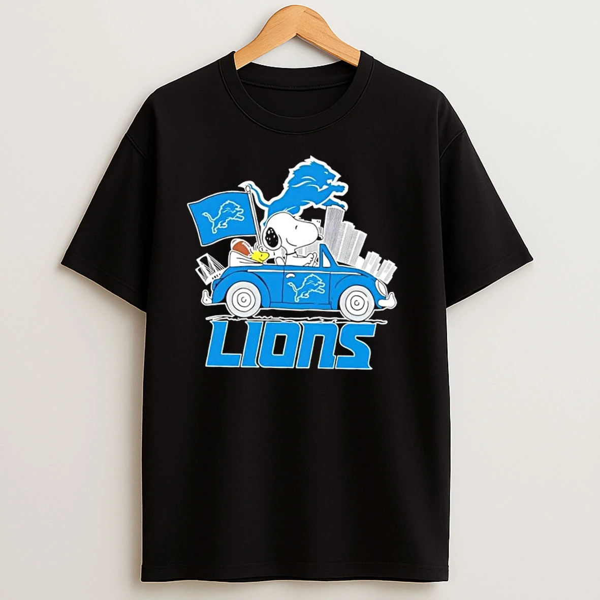 Snoopy Driving Car Detroit Lions Football City Skyline T Shirts