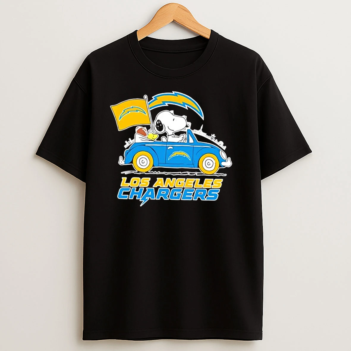 Snoopy Driving Car Los Angeles Chargers Football City Skyline T Shirts
