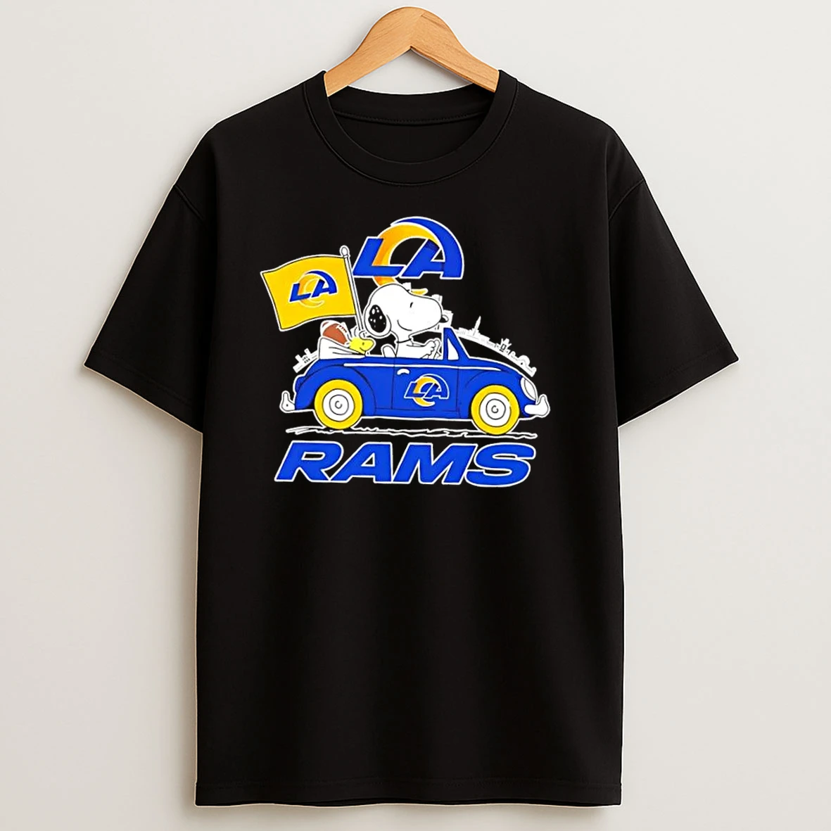 Snoopy Driving Car Los Angeles Rams Football City Skyline T Shirts