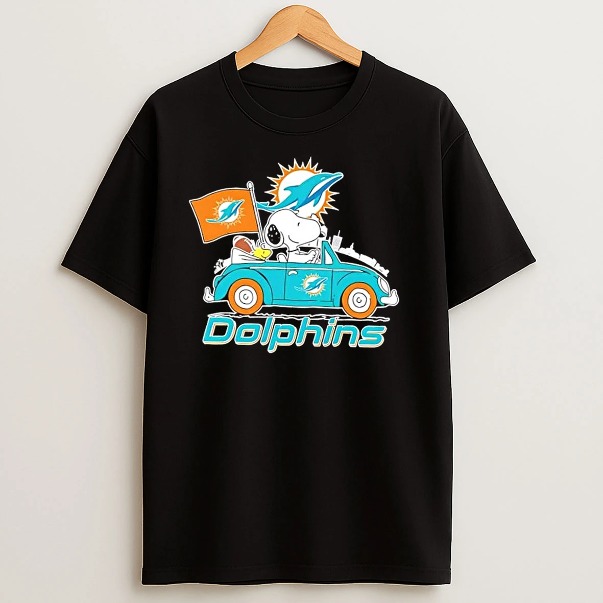 Snoopy Driving Car Miami Dolphins Football City Skyline T Shirts