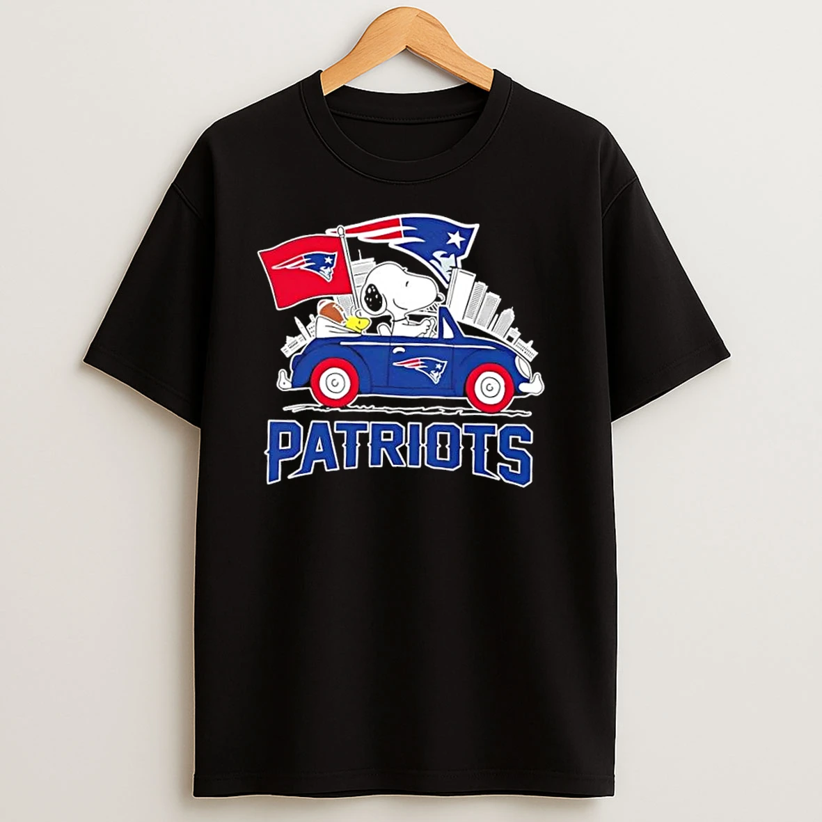 Snoopy Driving Car New England Patriots Football City Skyline T Shirts
