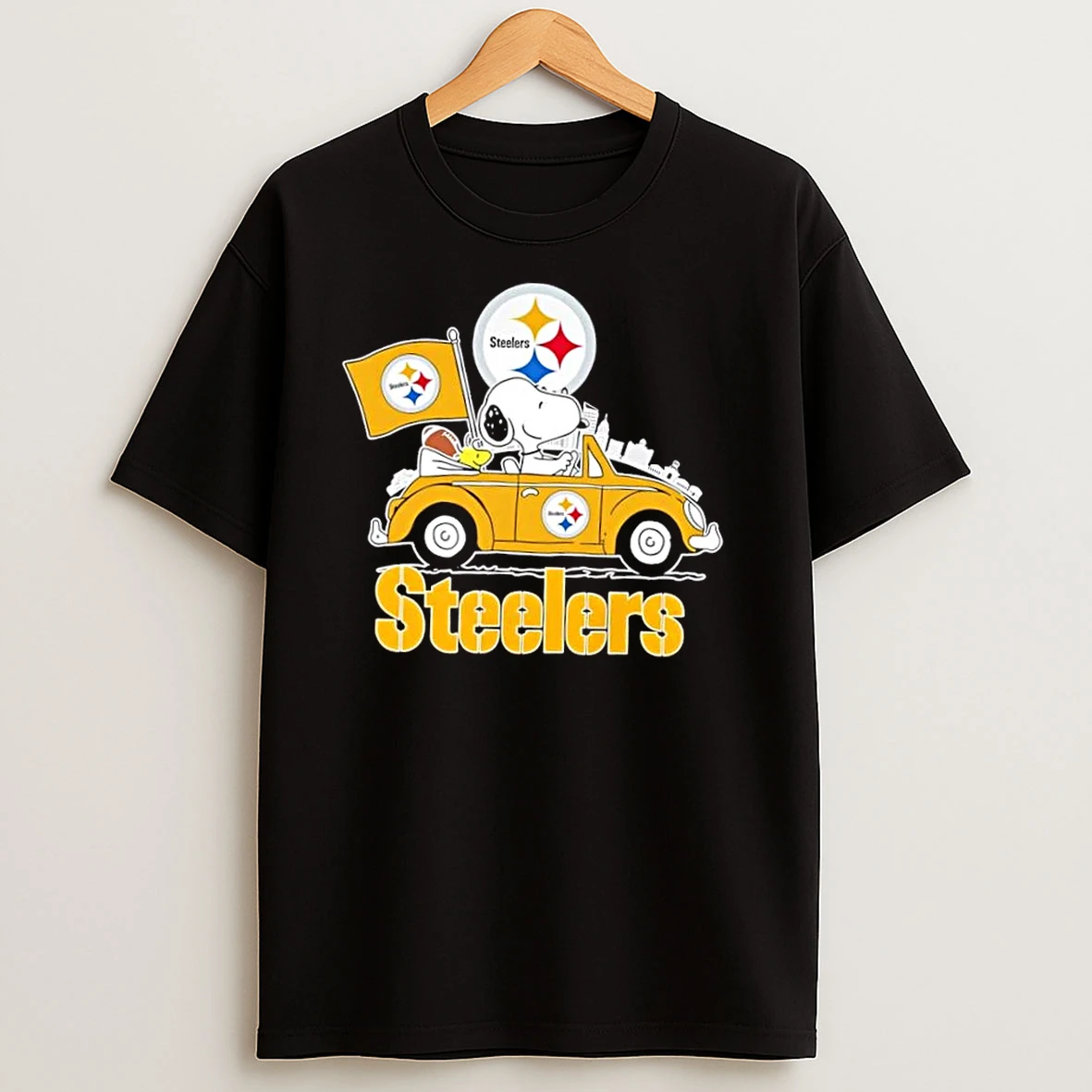Snoopy Driving Car Pittsburgh Steelers Football City Skyline T Shirts