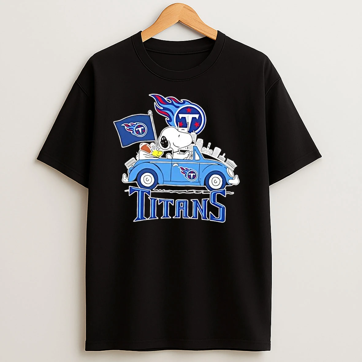 Snoopy Driving Car Tennessee Titans Football City Skyline T Shirts