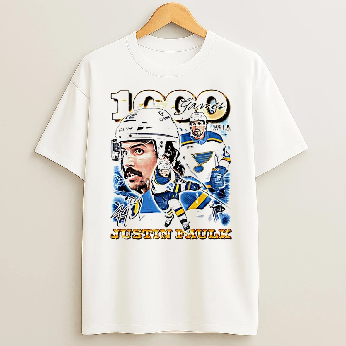 St Louis Blues Justin Faulk 1000 Games Blues Ice Hockey Signature Shirts