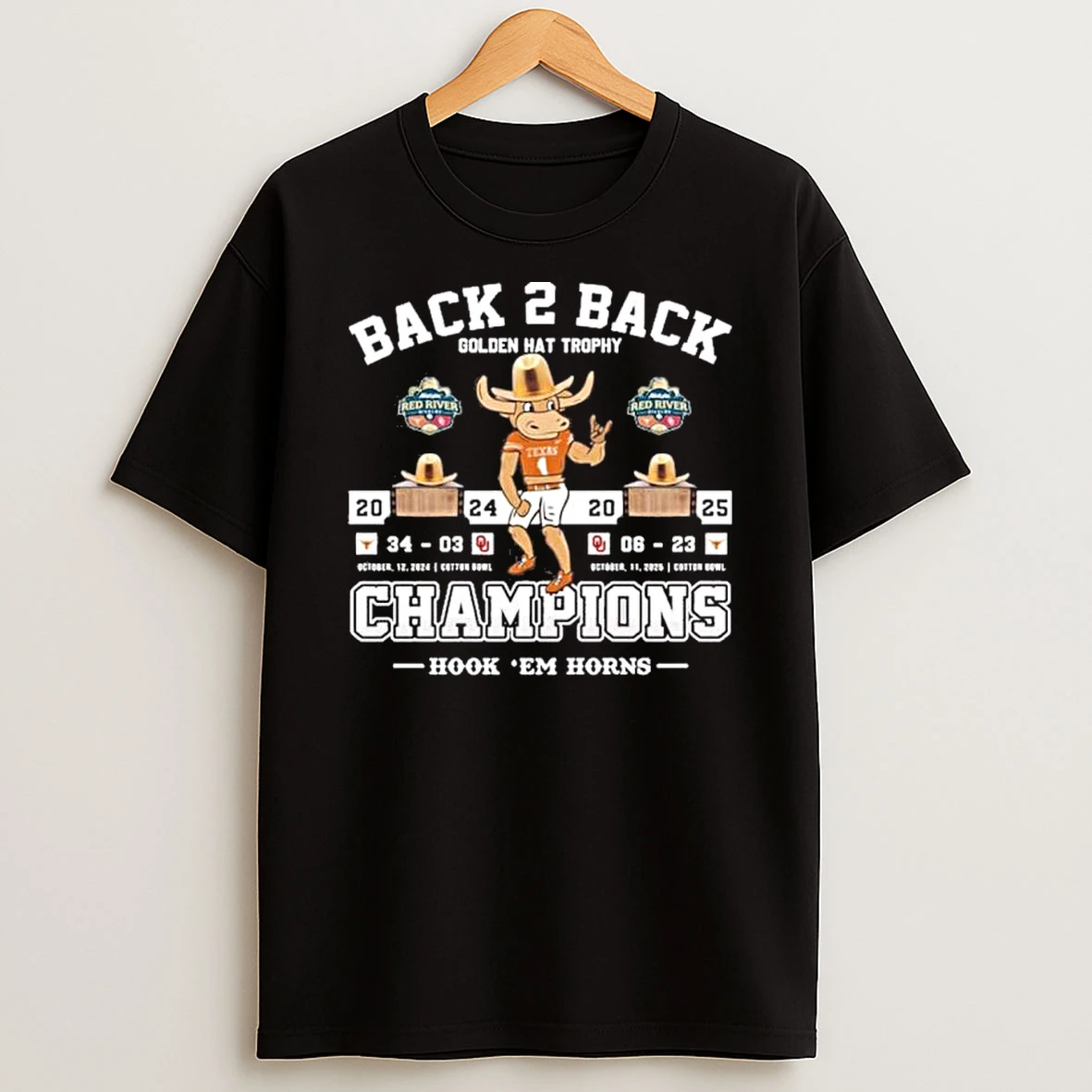 Texas Longhorns Back 2 Back Golden Hat Trophy Champions Shirts