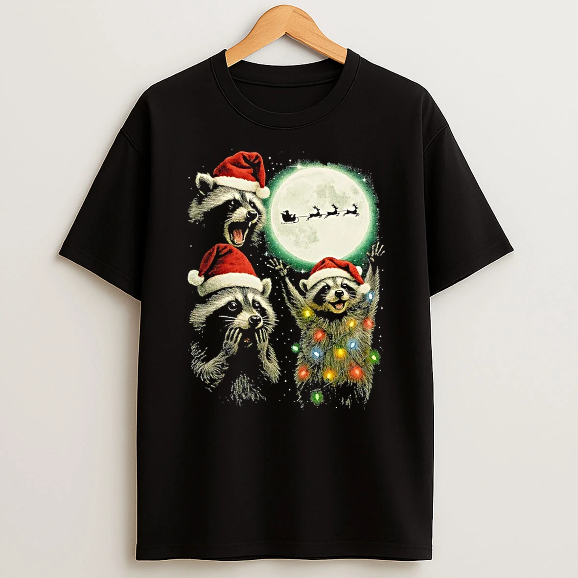 Three Raccoons With The Moon Christmas Santa Claus Shirts