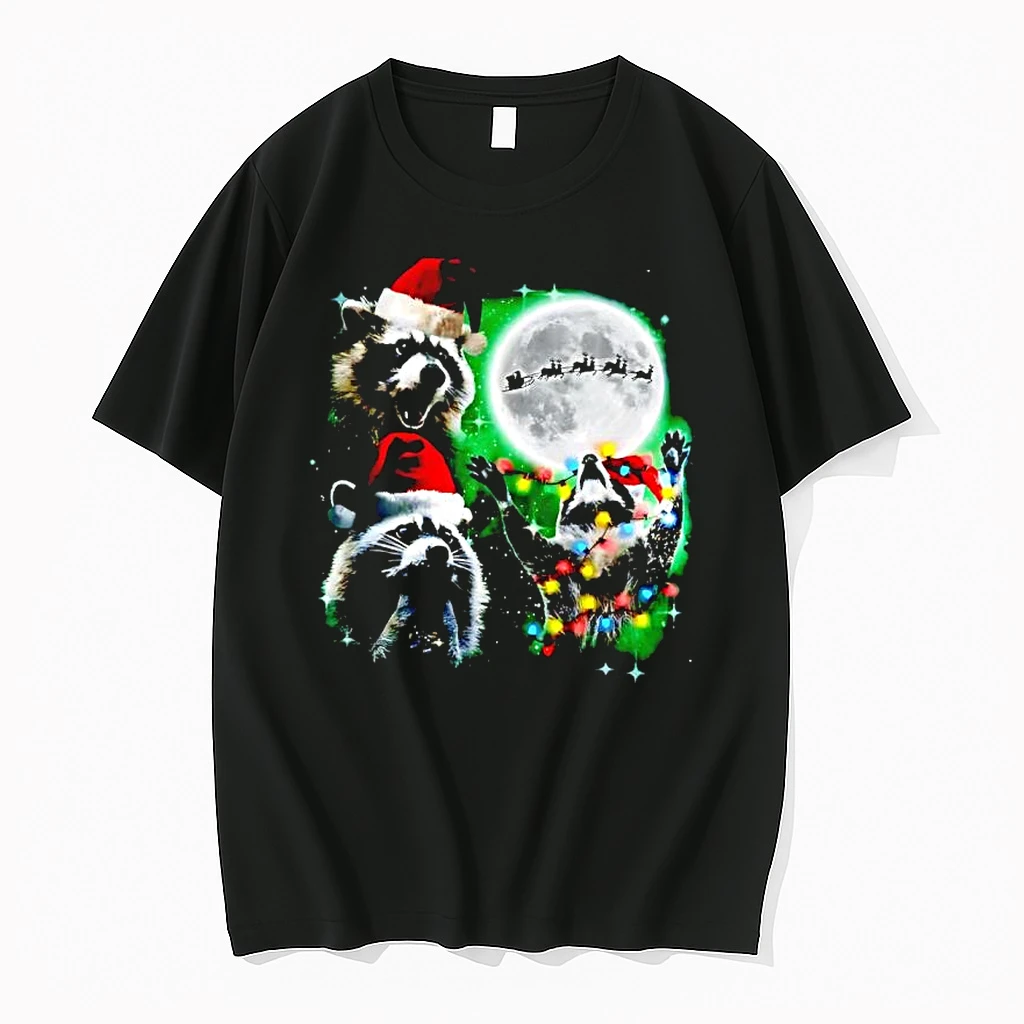 Three Raccoons With The Moon Christmas Santa Hat Shirts