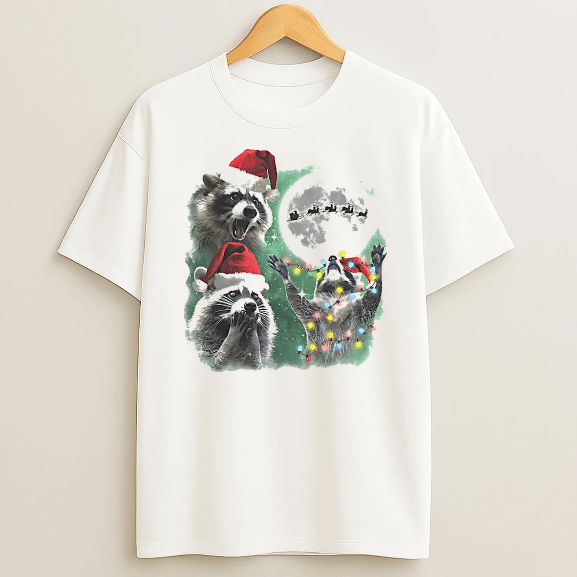 Three Raccoons With The Lamp String Under Moon Christmas Shirts