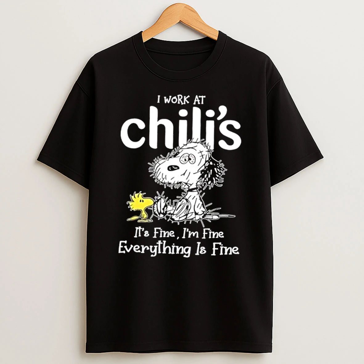 Tired Snoopy And Woodstock I Work At Chilis Its Fine Im Fine Everything Is Fine Shirts