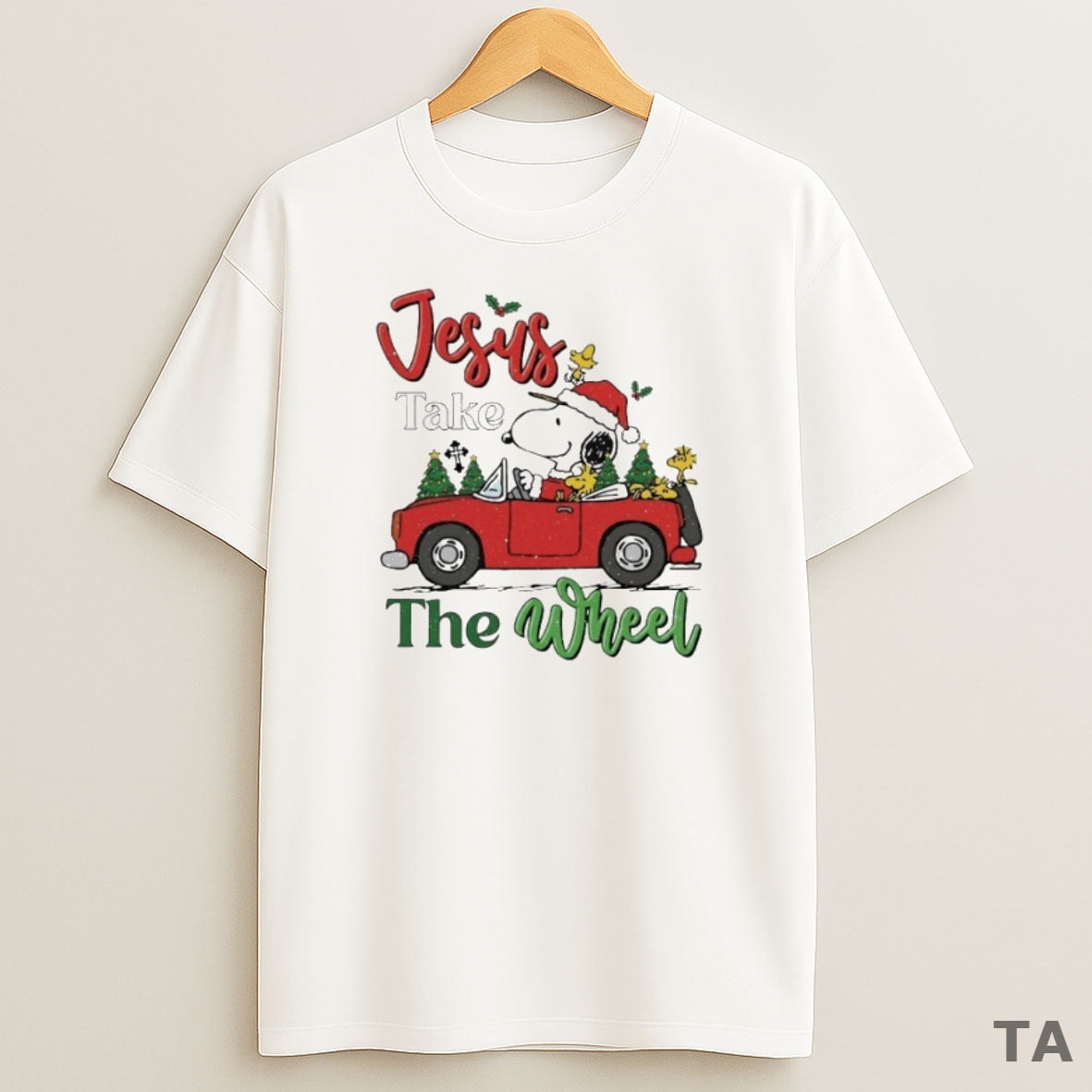 Top Snoopy And Woodstock Driving Car The Peanuts Jesus Takes The Wheel Christmas Sweatshirt Tee