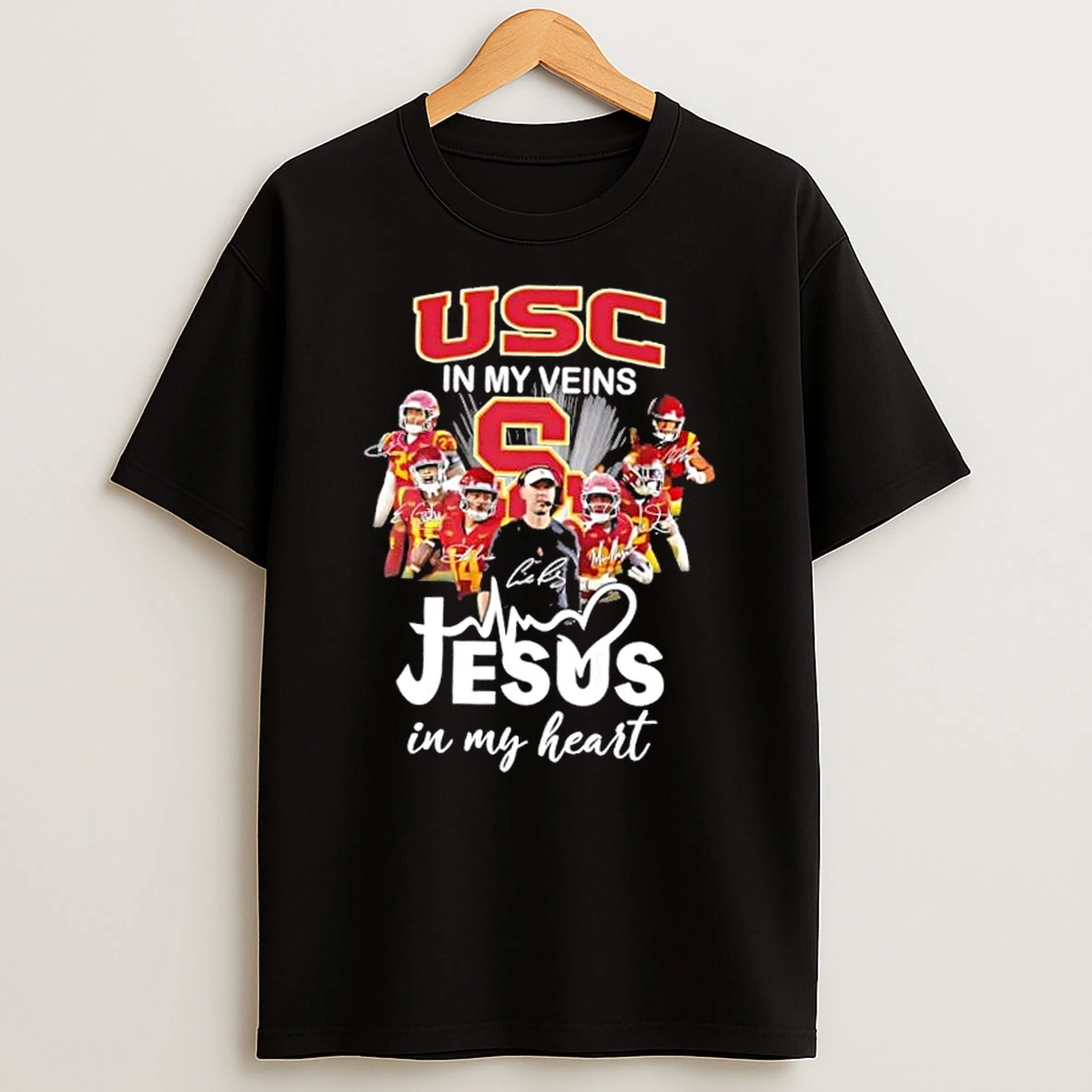 Usc Trojans Coach Lincoln Riley And Players In My Veins Jesus In My Heart Shirts