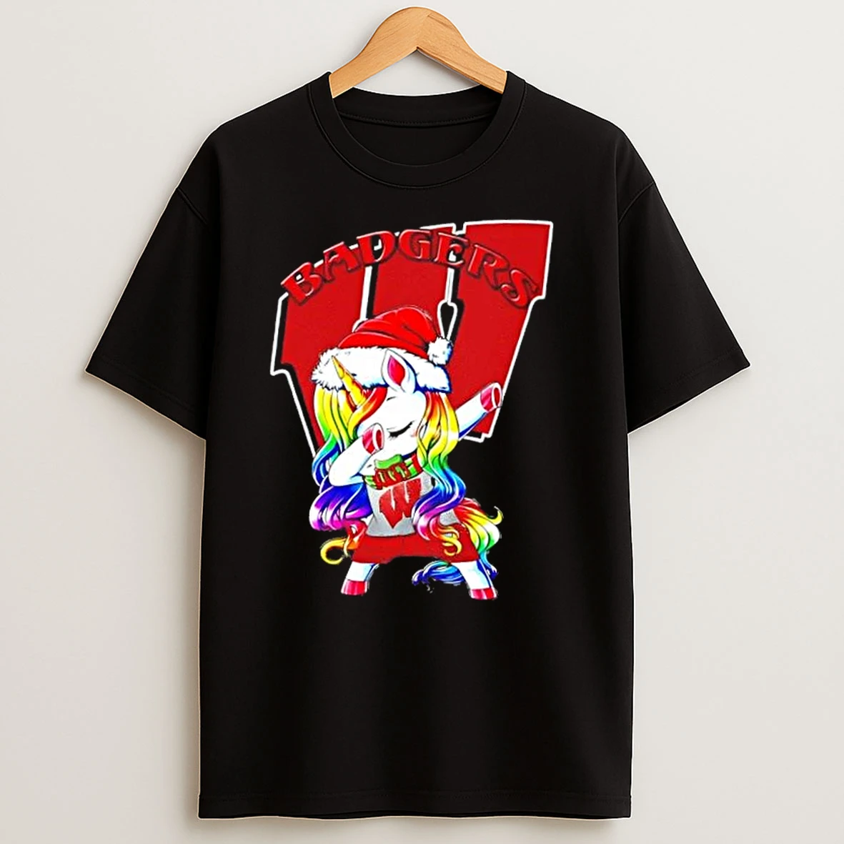 Wisconsin Badgers Football X Unicorn Santa Hat Dabbing Merry Christmas T Shirts